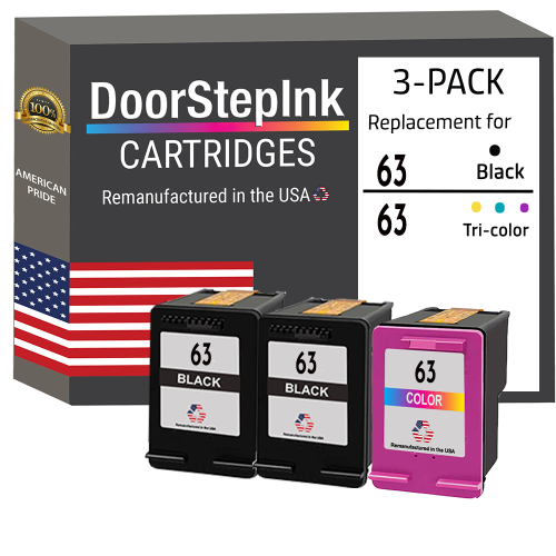 DOORSTEPINK  Brand for HP 63 2 / 1 Tri-Color 3-Pack Remanufactured In The Usa Ink Cartridges In Black 