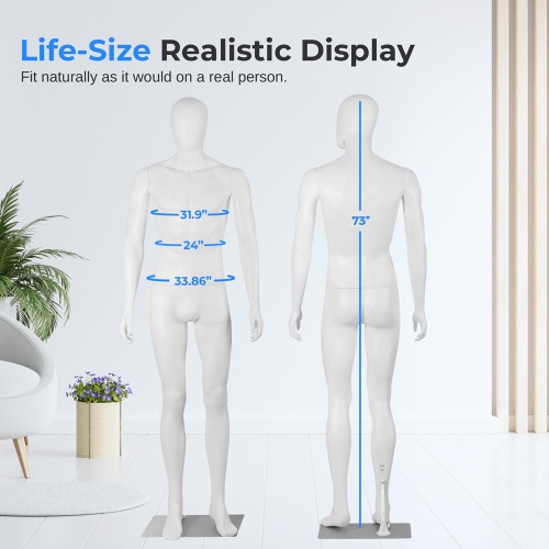 Adjustable Male Mannequin Full Body - 73" Detachable Male Dress Form Full Body Mannequin Poseable Life Size Mannequin Torso , SereneLife White