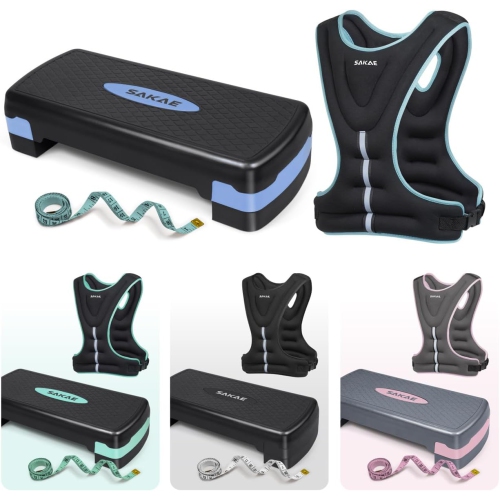 Ensemble de plateforme Aerobics de SAKAE avec veste lestée et ruban à mesurer, hauteur réglable à 2 niveaux, marche d'entraînement avec surface