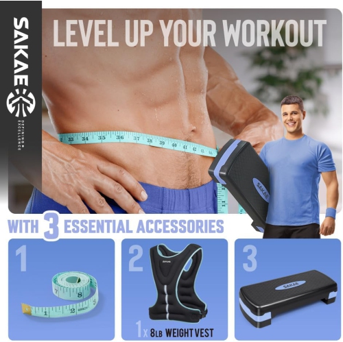 Ensemble de plateforme Aerobics de SAKAE avec veste lestée et ruban à mesurer, hauteur réglable à 2 niveaux, marche d'entraînement avec surface