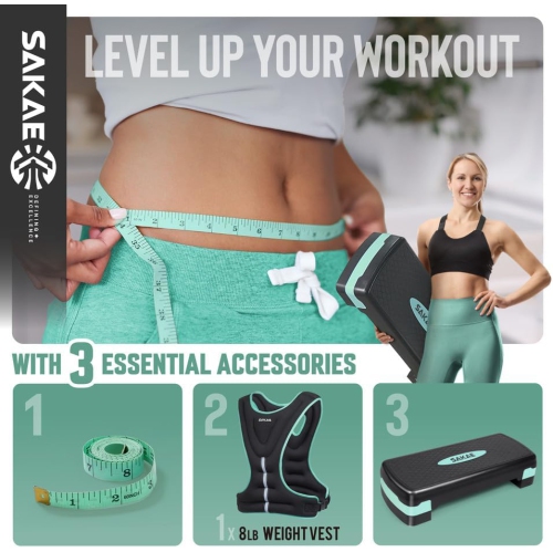 SAKAE Aerobics Step Platform Set with Weighted Vest & Measuring Tape, Adjustable Height 2 Level Risers Workout Step Trainer with Non-Slip Surface,