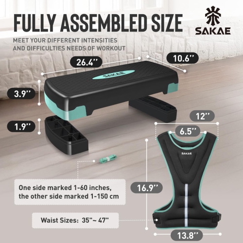 SAKAE Aerobics Step Platform Set with Weighted Vest & Measuring Tape, Adjustable Height 2 Level Risers Workout Step Trainer with Non-Slip Surface,