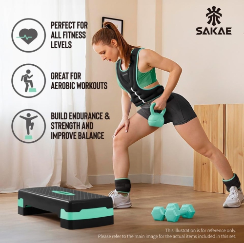SAKAE Aerobics Step Platform Set with Weighted Vest & Measuring Tape, Adjustable Height 2 Level Risers Workout Step Trainer with Non-Slip Surface,