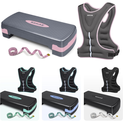SAKAE Aerobics Step Platform Set with Weighted Vest & Measuring Tape, Adjustable Height 2 Level Risers Workout Step Trainer with Non-Slip Surface,