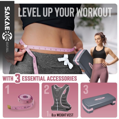 SAKAE Aerobics Step Platform Set with Weighted Vest & Measuring Tape, Adjustable Height 2 Level Risers Workout Step Trainer with Non-Slip Surface,
