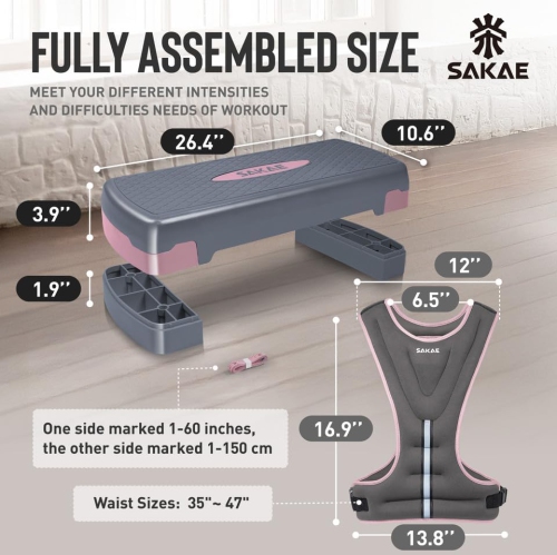SAKAE Aerobics Step Platform Set with Weighted Vest & Measuring Tape, Adjustable Height 2 Level Risers Workout Step Trainer with Non-Slip Surface,