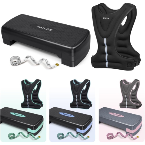 SAKAE Aerobics Step Platform Set with Weighted Vest & Measuring Tape, Adjustable Height 2 Level Risers Workout Step Trainer with Non-Slip Surface,