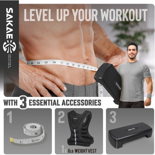 SAKAE Aerobics Step Platform Set with Weighted Vest & Measuring Tape, Adjustable Height 2 Level Risers Workout Step Trainer with Non-Slip Surface,