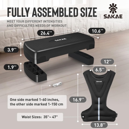 SAKAE Aerobics Step Platform Set with Weighted Vest & Measuring Tape, Adjustable Height 2 Level Risers Workout Step Trainer with Non-Slip Surface,