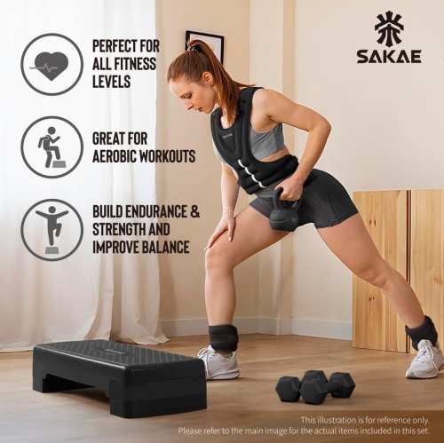 SAKAE Aerobics Step Platform Set with Weighted Vest & Measuring Tape, Adjustable Height 2 Level Risers Workout Step Trainer with Non-Slip Surface,
