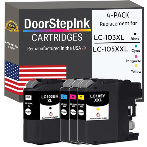 DOORSTEPINK  Brand for Brother Lc103Bk Xl High Yield / Lc105 3 Colors Xxl Super High Yield 4-Pack Remanufactured In The Usa Ink Cartridges In Black