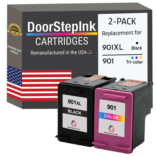 DOORSTEPINK  Brand for HP 901Xl / 901 Tri-Color Combo Pack Remanufactured In The Usa Ink Cartridges In Black
