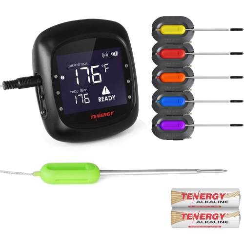 Tenergy Solis Digital Meat Thermometer, APP Controlled Wireless Bluetooth Smart BBQ Thermometer w/ 6 Stainless Steel Probes, Large LCD Display,