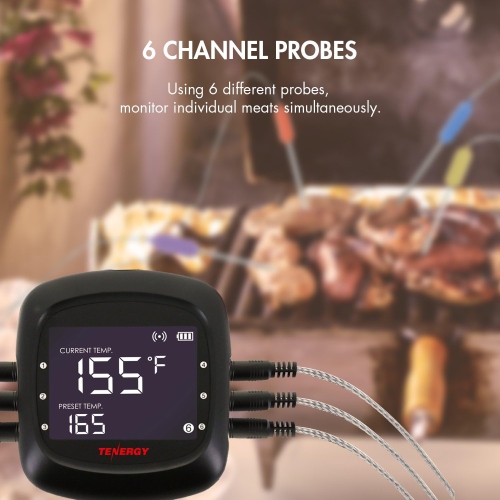 Tenergy Solis Digital Meat Thermometer, APP Controlled Wireless Bluetooth Smart BBQ Thermometer w/ 6 Stainless Steel Probes, Large LCD Display,