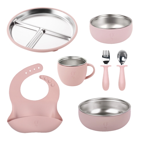 Premium 7-Piece Silicone & Stainless Steel Kids Dinnerware Set | Feeding Set