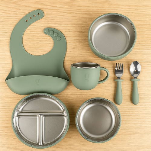 Premium 7-Piece Silicone & Stainless Steel Kids Dinnerware Set | Feeding Set