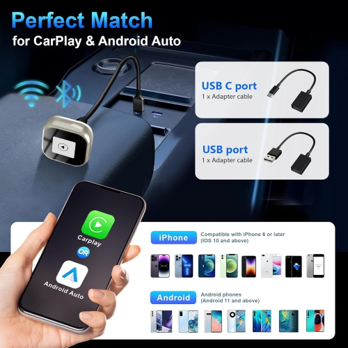 2 in 1 Wireless CarPlay & Android Auto Adapter,Mini CarPlay Dongle Converts Wired to Wireless,Plug & Play,Auto Connect,for iPhone & Android with