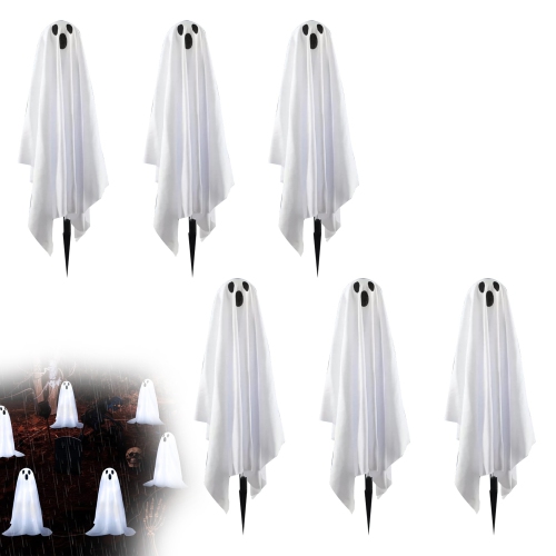 6 Pack Halloween Decorations 18.9'' High Solar Small Ghost String Stake Lights 12.8 FT, Waterproof Outdoor Garden Yard Path Lights