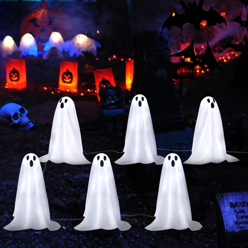 6 Pack Halloween Decorations 18.9'' High Solar Small Ghost String Stake Lights 12.8 FT, Waterproof Outdoor Garden Yard Path Lights