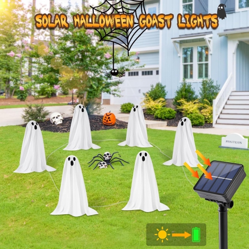 6 Pack Halloween Decorations 18.9'' High Solar Small Ghost String Stake Lights 12.8 FT, Waterproof Outdoor Garden Yard Path Lights