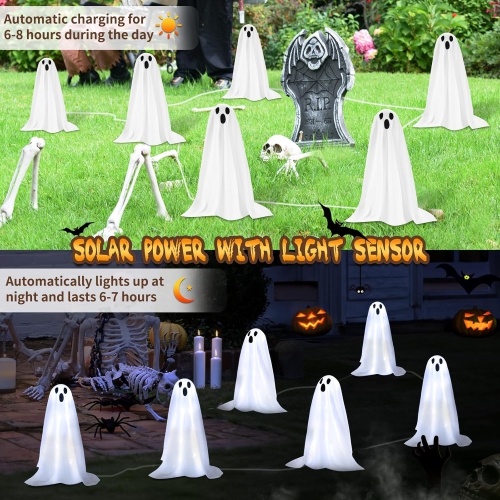 6 Pack Halloween Decorations 18.9'' High Solar Small Ghost String Stake Lights 12.8 FT, Waterproof Outdoor Garden Yard Path Lights