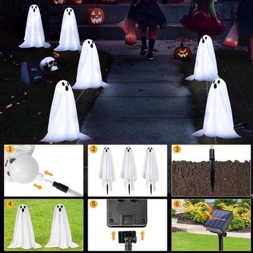6 Pack Halloween Decorations 18.9'' High Solar Small Ghost String Stake Lights 12.8 FT, Waterproof Outdoor Garden Yard Path Lights