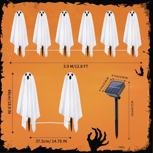 6 Pack Halloween Decorations 18.9'' High Solar Small Ghost String Stake Lights 12.8 FT, Waterproof Outdoor Garden Yard Path Lights