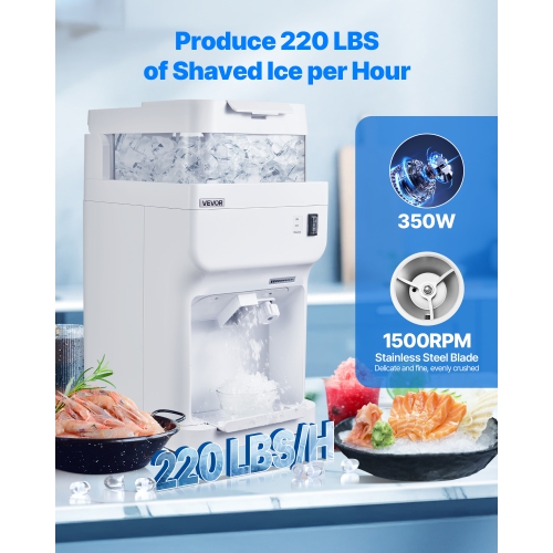 VEVOR Commercial Ice Shaver Crusher, 220lbs Per Hour Electric Snow Cone Maker with 8L Ice Cube Box, 350W 1500RPM Tabletop Shaved Ice Machine for Home