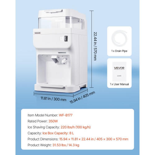 VEVOR Commercial Ice Shaver Crusher, 220lbs Per Hour Electric Snow Cone Maker with 8L Ice Cube Box, 350W 1500RPM Tabletop Shaved Ice Machine for Home