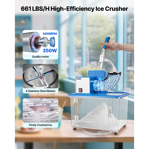 VEVOR 2000RPM Commercial Ice Crusher 661LBS/H, 350W Electric Snow Cone Machine with 4 Blades, Stainless Steel Shaved Ice Machine with 11 Gal