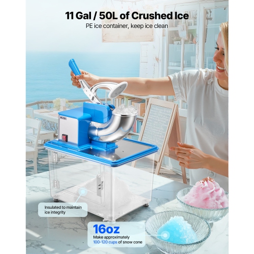 VEVOR 2000RPM Commercial Ice Crusher 661LBS/H, 350W Electric Snow Cone Machine with 4 Blades, Stainless Steel Shaved Ice Machine with 11 Gal