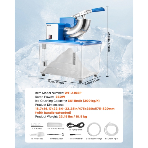 VEVOR 2000RPM Commercial Ice Crusher 661LBS/H, 350W Electric Snow Cone Machine with 4 Blades, Stainless Steel Shaved Ice Machine with 11 Gal
