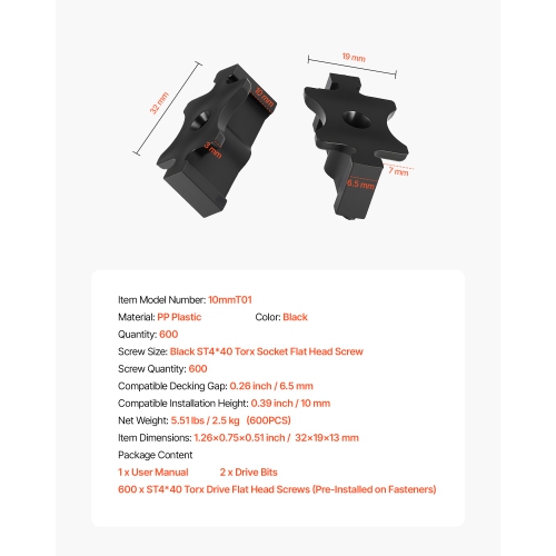 VEVOR 600PCS Hidden Deck Fasteners for Composite Decking Board, Universal Composite T Clips & Plastic Hidden Fasteners with Metal Screws,Clips Works