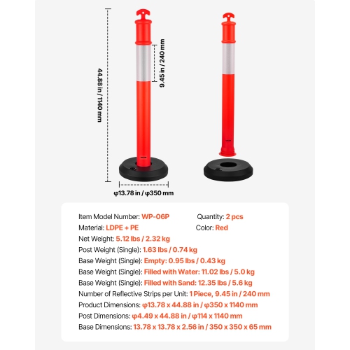 VEVOR 2 Pack 48 inches Traffic Delineator Posts, Traffic Safety Cones with Fillable Base and Reflective Strips, Heavy Duty Delineator Posts for