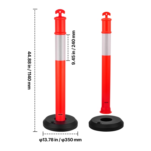VEVOR 2 Pack 48 inches Traffic Delineator Posts, Traffic Safety Cones with Fillable Base and Reflective Strips, Heavy Duty Delineator Posts for