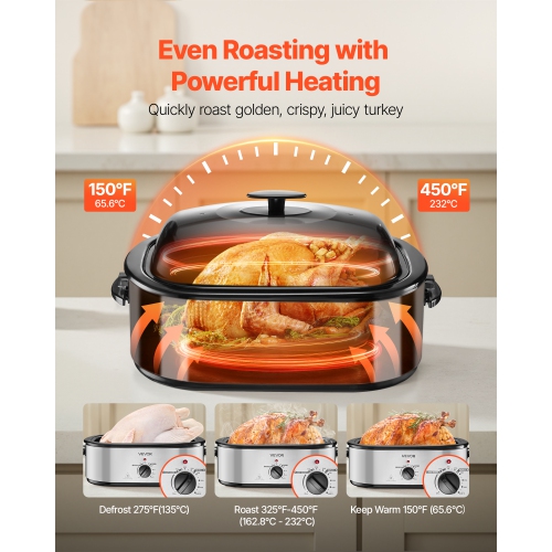 VEVOR Roaster Oven, 22QT Electric Roasting Pan, 150-450℉ Adjustable Temperature Multifunctional Electric Roaster Oven with Self-Basting Lid, Defrost