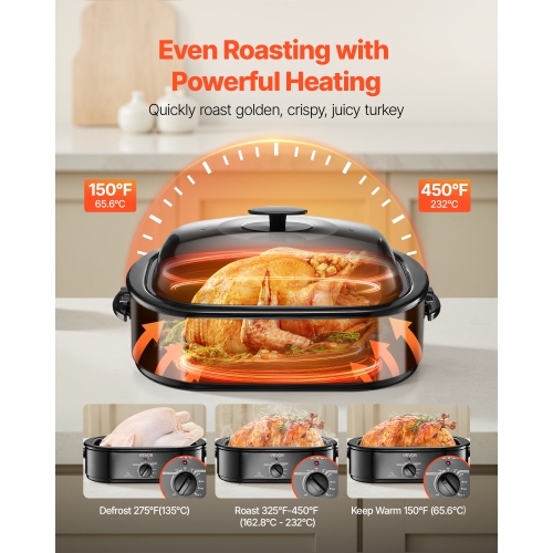VEVOR Roaster Oven, 18QT Fast-Cooking Turkey Roaster, 150-450℉ Adjustable Temperature Turkey Oven with Self-Basting Lid, Removable Pan and Rack,
