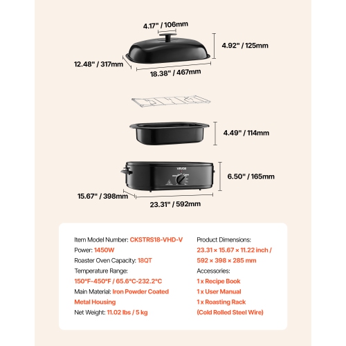 VEVOR Roaster Oven, 18QT Fast-Cooking Turkey Roaster, 150-450℉ Adjustable Temperature Turkey Oven with Self-Basting Lid, Removable Pan and Rack,