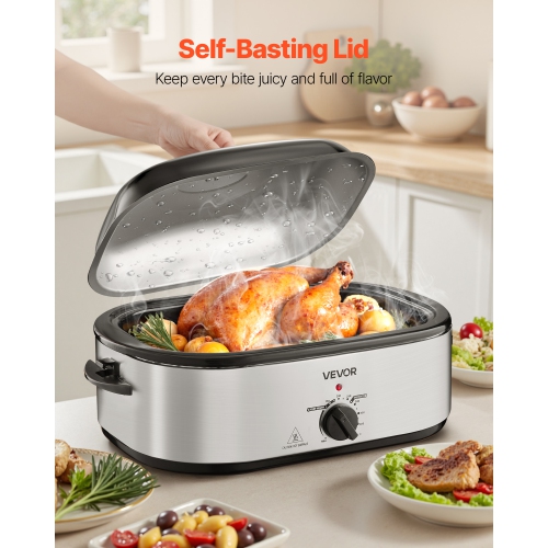 VEVOR Roaster Oven, 20QT Electric Roasting Pan, 150-450℉ Adjustable Temperature Fast-Cooking Turkey Roaster, Turkey Oven with Self-Basting Lid,