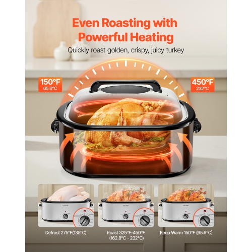 VEVOR Roaster Oven, 26QT Electric Roasting Pan, 150-450℉ Adjustable Temperature Fast-Cooking Turkey Roaster with Cool-Touch Handle, Visible