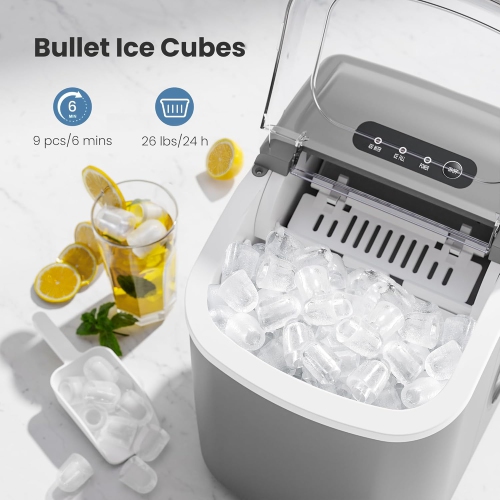ZAFRO Portable Countertop Ice Maker Machine with Handle, 6Mins/9 Pcs ice Cubes, 26Lbs/24H, Self-Cleaning Function with Ice Scoop and Basket for