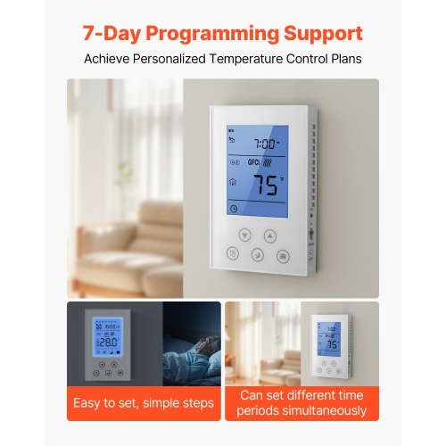 VEVOR 7-Day Programmable Thermostat, Home Thermostats for Radiant Underfloor Heating Cable,Heat Pump, Built-in GFCI & Sensitive Sensor, LED Screen