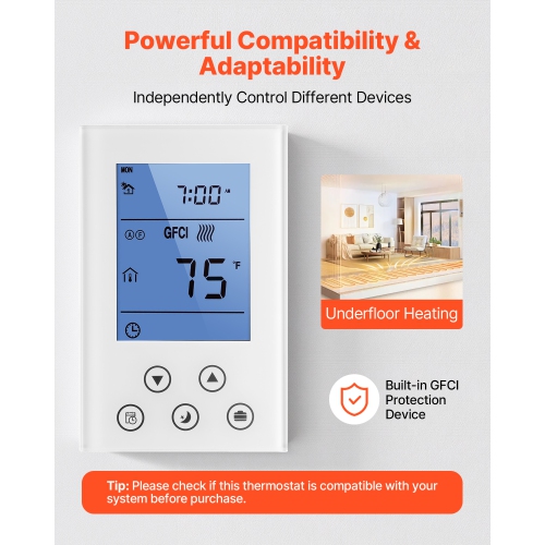 VEVOR 7-Day Programmable Thermostat, Home Thermostats for Radiant Underfloor Heating Cable,Heat Pump, Built-in GFCI & Sensitive Sensor, LED Screen