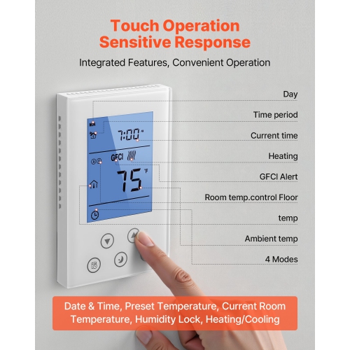 VEVOR 7-Day Programmable Thermostat, Home Thermostats for Radiant Underfloor Heating Cable,Heat Pump, Built-in GFCI & Sensitive Sensor, LED Screen