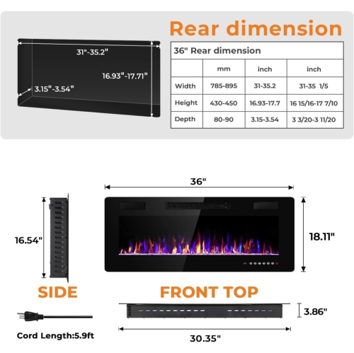 Foyer électrique encastré ou mural de 36 po, chaufferette ultramince avec minuterie, flammes 3D, panneau tactile et télécommande, couleur de