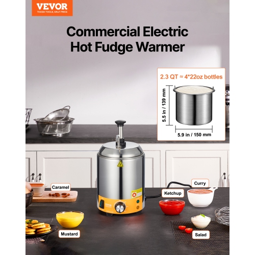 VEVOR Electric Cheese Dispenser with Pump, 2.4L Commercial Hot Fudge Warmer, Stainless Steel Pump Dispenser, 86-230℉ Temp Adjustable Nacho Cheese