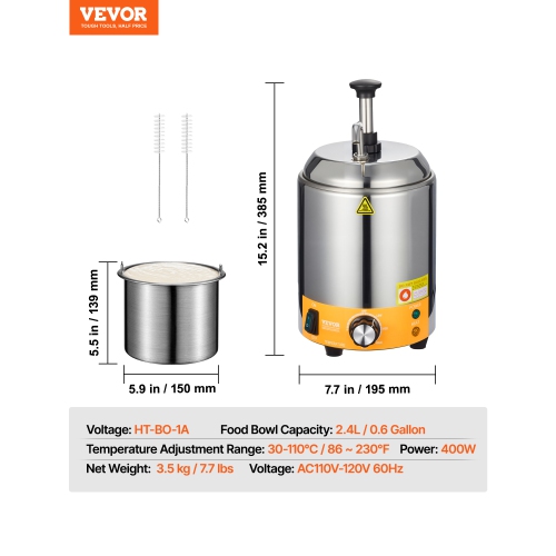VEVOR Electric Cheese Dispenser with Pump, 2.4L Commercial Hot Fudge Warmer, Stainless Steel Pump Dispenser, 86-230℉ Temp Adjustable Nacho Cheese