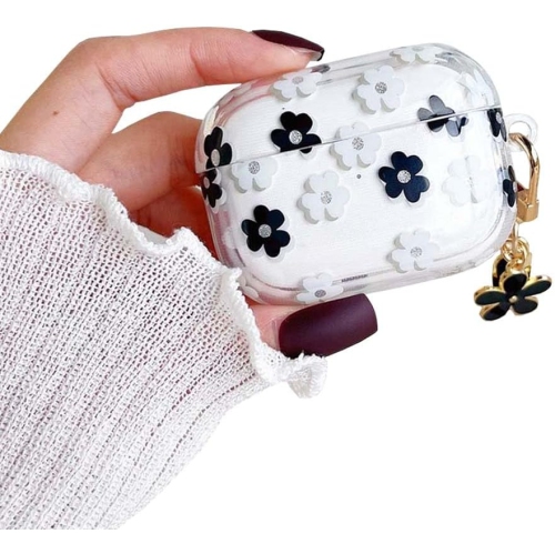 AirPod Pro 2 Case with Keychain, Cute Cartoon Flower Pattern Design with Floral Keychain, Soft TPU Shockproof Protective Case for AirPod Pro 2 - Black