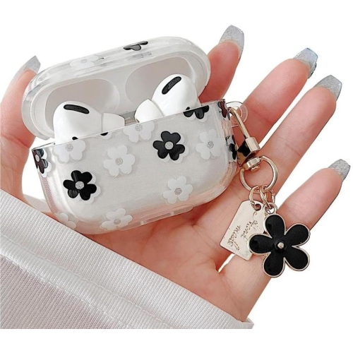 AirPod Pro 2 Case with Keychain, Cute Cartoon Flower Pattern Design with Floral Keychain, Soft TPU Shockproof Protective Case for AirPod Pro 2 - Black