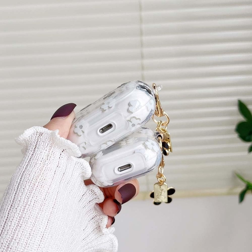 AirPod Pro 2 Case with Keychain, Cute Cartoon Flower Pattern Design with Floral Keychain, Soft TPU Shockproof Protective Case for AirPod Pro 2 - Black